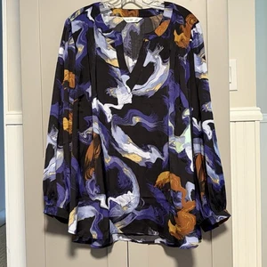 Nine West 2X Abstract  Black Purple Puff Long Sleeve Shirt Blouse Whimsical Top - Picture 1 of 12