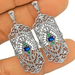1CT Treated Sapphire & Emerald 925 Sterling Silver Filigree Earrings NU1-2 - Picture 1 of 1