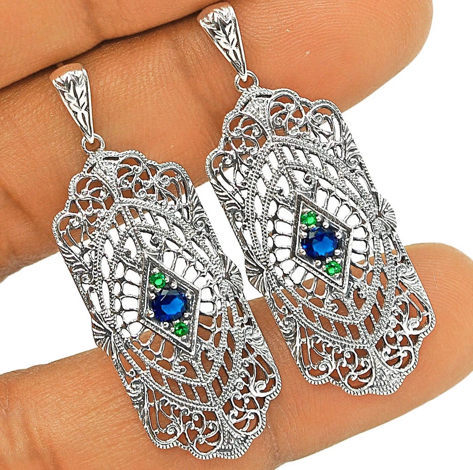 1CT Treated Sapphire & Emerald 925 Sterling Silver Filigree Earrings NU1-2 - Image 1 of 1