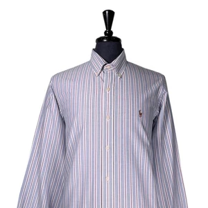 Ralph Lauren Mens Large Oxford Shirt Blue Red White Striped Cotton Preppy Casual - Picture 1 of 8