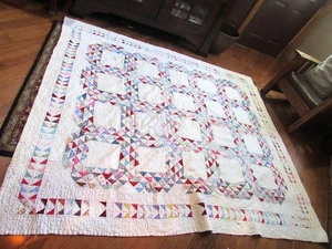Vintage Flour Sack Cutter Quilt Triangle Pattern 95" by 85" white square damage - Picture 1 of 16