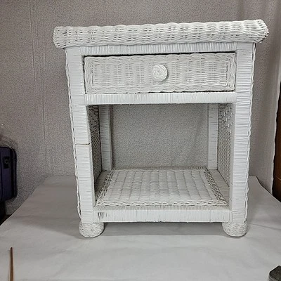 White Wicker Nightstand Ratten Side Table Boho  - Image 1 of 4