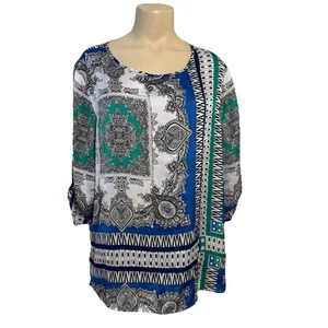Chico's Sz 3 Blouse 3/4 Roll Tab Sleeve Blue Abstract Bandana Relaxed Resort - Picture 1 of 5