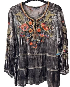John Mark XL Petite Women's Floral Embroidered Velvet Blouse Multicolor Bohemian - Picture 1 of 13