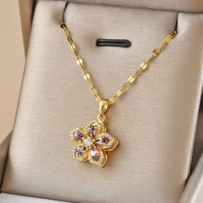 Ожерелье женское вращающийся цветок подвеска 18K золото покрытием из нержавеющей стали ювелирные изделия - Изображение 1 из 4