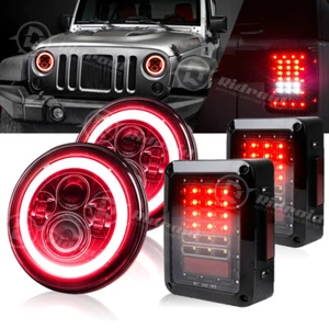Red Angel Eyes 7" LED Headlight + Tail Brake Lights For Jeep Wrangler JK 07-18 - Picture 1 of 16