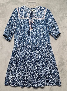 Monsoon Dress Womens Medium Blue White Floral Tassel Embroidered Cottage Boho - Picture 1 of 13
