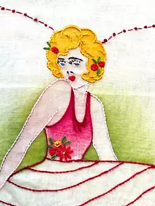 Antico copricuscino boudoir ricamato # 435 anni 20 ballerina fiori bambina - Foto 1 di 6