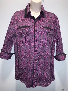 MONTERO JEANS Size S 3/4-Sleeve 100% Cotton Button Front Blouse Shirt Purple - Picture 1 of 9