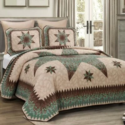 Donna Sharp Sea Breeze Star Quilt **QUEEN** 3-PC Set Floral Country Cottage Teal - Image 1 of 4