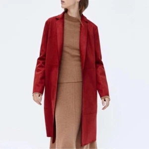 ZARA Coat Large Burgundy Faux Suede Edge to Edge Duster Style with Pockets - Picture 1 of 11