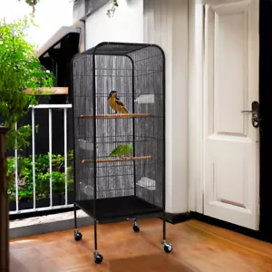 Rolling Bird Cage Wheeled Metal Wire Canary Parrot Aviary House Free Standing - Picture 1 of 8