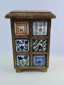 Anthropologie Wooden Apothecary Cabinet w/ Ceramic painted 6 Drawers Jewelry box - Picture 1 of 13