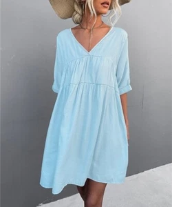 Amasoo Light Blue Pocket Tiered V-Neck Shift Dress Size Large - Picture 1 of 1