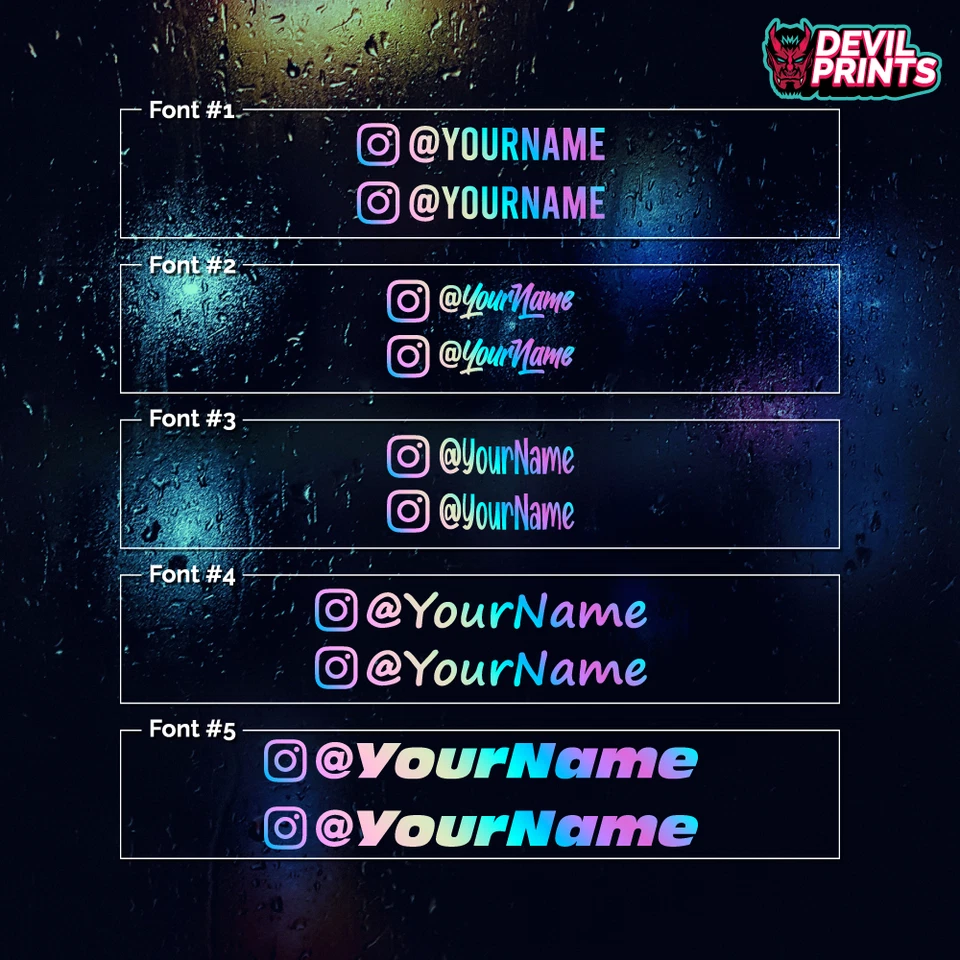 DEVILPRINTSUK 2 x INSTAGRAM PERSONALISED NAME CAR STICKER VINYL DECAL OIL SLICK NEO CHROME
