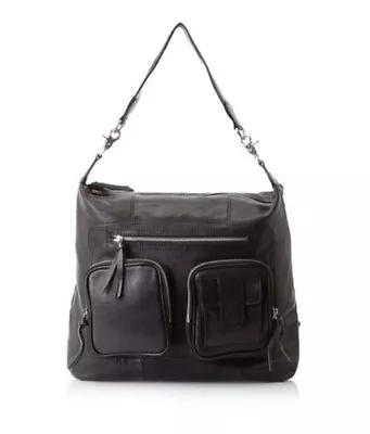 Mochila de mano hobo convertible de cuero azul chocolate, negra. Nuevo con etiquetas. Foto 1 de 4