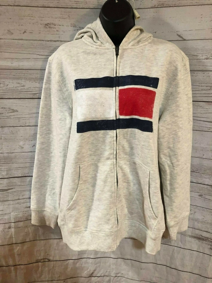 Женская толстовка с капюшоном Tommy Hilfiger на молнии большой логотип спереди серо-кремовая размер XL 20 - Изображение 1 из 4