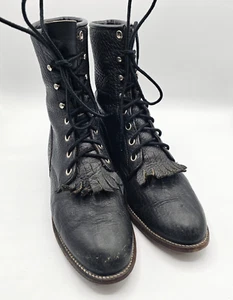 Justin Bottes Roper femme roder en cuir noir Kiltie à lacets cowgirl rodéo - Photo 1/14