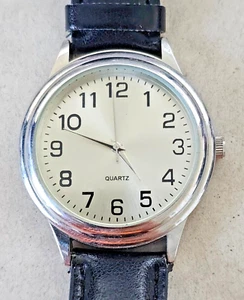 ACCUTIME WATCH CORP Easy Read Gold Tone Quartz Watch Black Band Stainless Steel - Picture 1 of 7