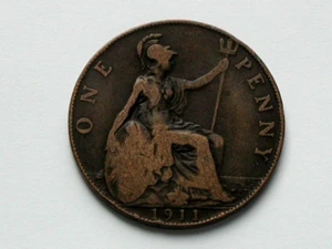 1911 UK (British) George V Coin - One Penny (1d) - brown - Picture 1 of 2