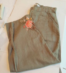 Johnny Was JW Womens M Green Embroidered Floral Boho Gypsy Festival Pants - Picture 1 of 5