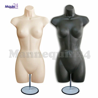 BLACK & FLESH MANNEQUIN FEMALE TORSO DRESS FORMS SET with TABLE TOP STANDS  - Image 1 of 4
