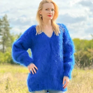 Suéter SuperTanya Azul Mohair Difuso Grueso Cuello en V Hecho a Mano Jersey, Talla L-XL - Imagen 1 de 6