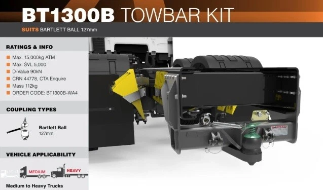 Tow Bar to Suit 127mm Bartlett Ball 13 000kg Includes Bolt Kit Bt1300b-13t