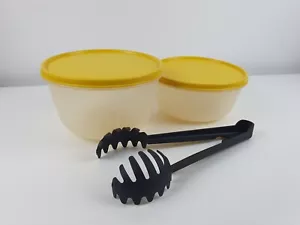3x Tupperware - 2x Mixing Bowls (2L & 1.5L) Yellow Lids + 1x Salad Tongs Bundle - Picture 1 of 15