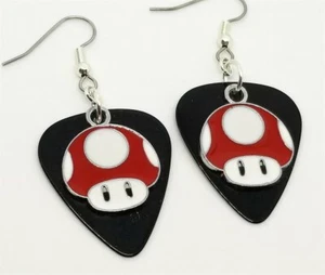 Super Mario Bros Red Mushroom Charm Guitar Pick Earrings - Pick Your Color - Picture 1 of 5