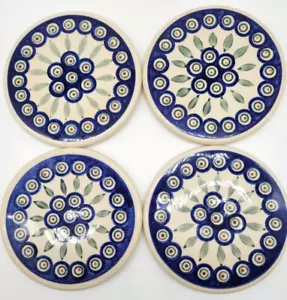 Set di 4 BOLESLAWIEC Piatti caldi in ceramica polacca PAVONE E PIUME Polonia - Foto 1 di 6