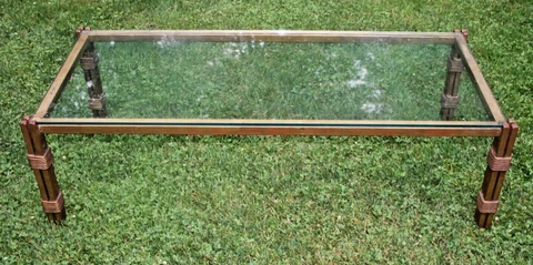 Vintage MCM Patinated iron glass brutalist Asian Coffee Table Gold Red Regency Cover