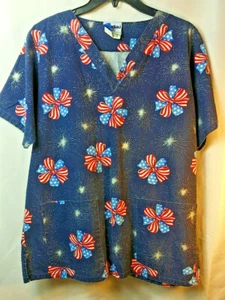 Landau Women's Scrub Red/White/Blue Bow's Size L - Picture 1 of 5