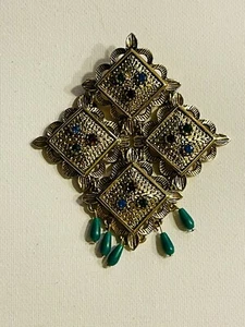Vintage Sarah Coventry Temple-Lites Strass baumelnder grüner Cabochon Anstecknadel Brosche - Bild 1 von 3