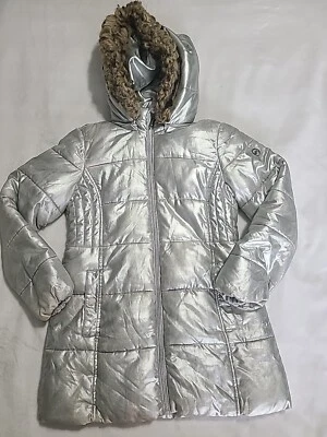 Michael Kors Girls Youth Puffer Coat Jacket Size 14 Black Hooded Silver - Image 1 of 4