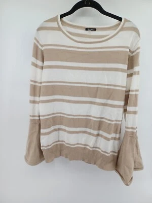 Vila Milano Pullover Sweater Bell Sleeve Size L Tan/White Long Sleeve  Ribbed - Image 1 of 4
