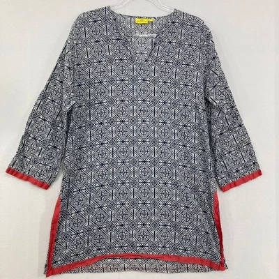 Roberta Roller Rabbit Large Navy White Geometric V Neck Cotton Tunic Vacation - Image 1 of 4