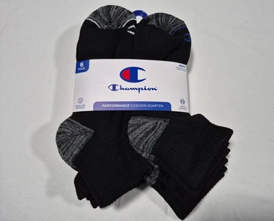 Champion Hombres Cuarto Tobillo Calcetines 6 Prs Ropa Atlética Talla 6-12 Negro Foto 1 de 4