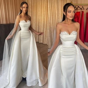 Vintage A Line Wedding Dresses Pearls Sweetheart Satin Wedding Dress Overskirts - Picture 1 of 8