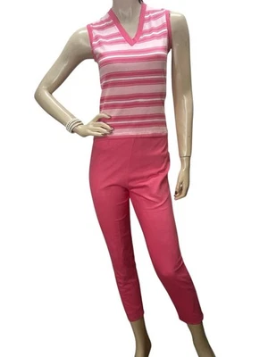 Vtg 60s XS 2 Pc SET Cigarette Pants Blouse PINK  KNIT Top Lined Ankle Slacks - Image 1 of 4