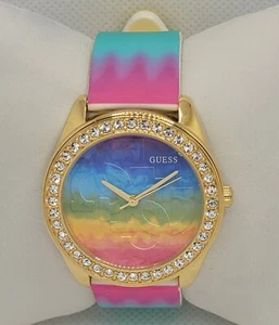 Women's Guess Starburst GW0250L1 Yellow Gold Tone Case Silicone Strap Watch 01 - Picture 1 of 9
