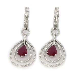 3.7 ct Natural Red Pear Ruby & Diamond Solid 14k White Gold Dangle Earrings 42mm - Picture 1 of 3