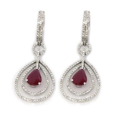 3.7 ct Natural Red Pear Ruby & Diamond Solid 14k White Gold Dangle Earrings 42mm - Image 1 of 3