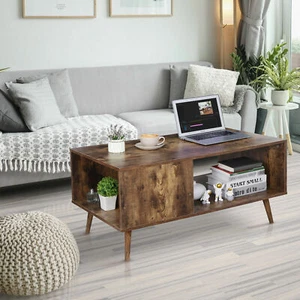 Retro Coffee Table Rectangular Open Storage Wooden Shelf Stand For Living Room  - Picture 1 of 12
