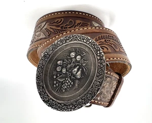 VTG Textan Women’s Brown Leather Belt XL Tooled Bergamot Brass Works Buckle Z-48 - Picture 1 of 13