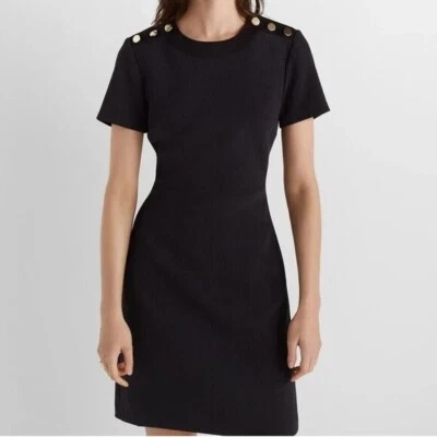 Club Monaco Button Shoulder Short Sleeve Sheath Mini Dress Black 14 - Image 1 of 4