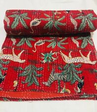 Indian Red Tiger Art Twin Size Vintage Handmade Kantha Quilt Decorative Blanket