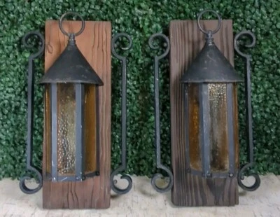 2 Linternas De Colección Años 60 Góticas Medievales Mediados de Siglo Luz Metal Ámbar Burbuja Vidrio Foto 1 de 4