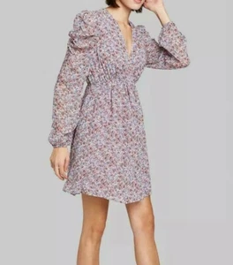 Women's Floral Print Long Sleeve Deep V-Neck Puff Sleeve Mini Dress - Wild Fable - Picture 1 of 3
