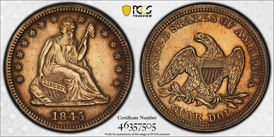 1845 SEATED LIBERTY QUARTER **PCGS GENUINE XF/DETAIL/GOLD SHIELD "RPD FS-301"** - Image 1 of 4